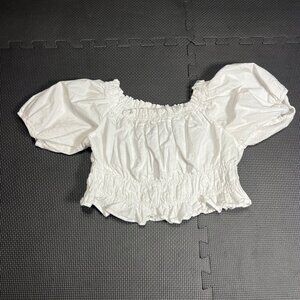 White Zara Puff Sleeve Smocked Crop Top Size Small Elastic Waist Made In Turkey